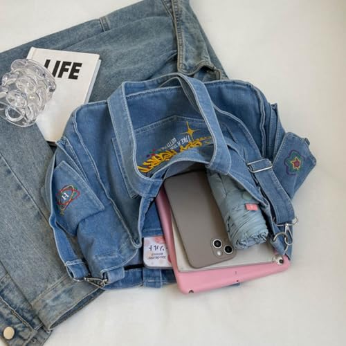 PALAY® Chic Cloth Bag for Girls Women Casual Shoulder Crossbody Tote 2 in 1 Variable Hand Fashion Letter Embroidery Denim Book for Daily School 2PCS PALAY® Chic Cloth Bag for Girls Women Casual Shoulder Crossbody Tote 2 in 1 Variable Hand Fashion Letter Embroidery Denim Book for Daily School 2PCS